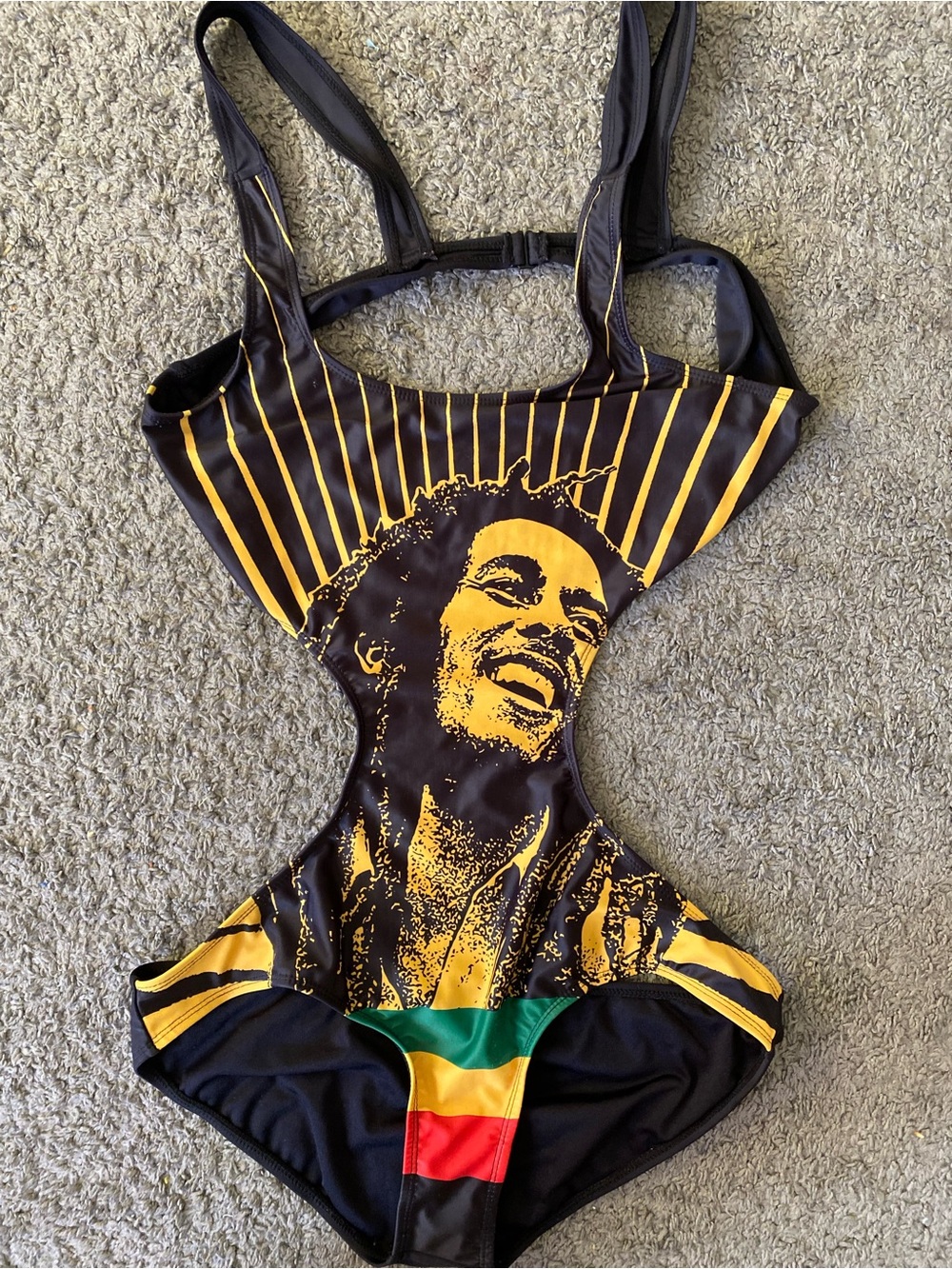 Exclusive Bob Marley Women’s size Large& Yellow Rasta Graphic One-Piece Swimsuit